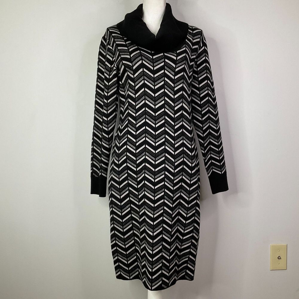 Tahari Sweater Dress Women Size Large Black Dovetail Heather Long Sleeve Heavy